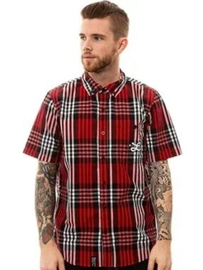 LRG -Red Black Plaid Short-Sleeve Button-Down Shirt